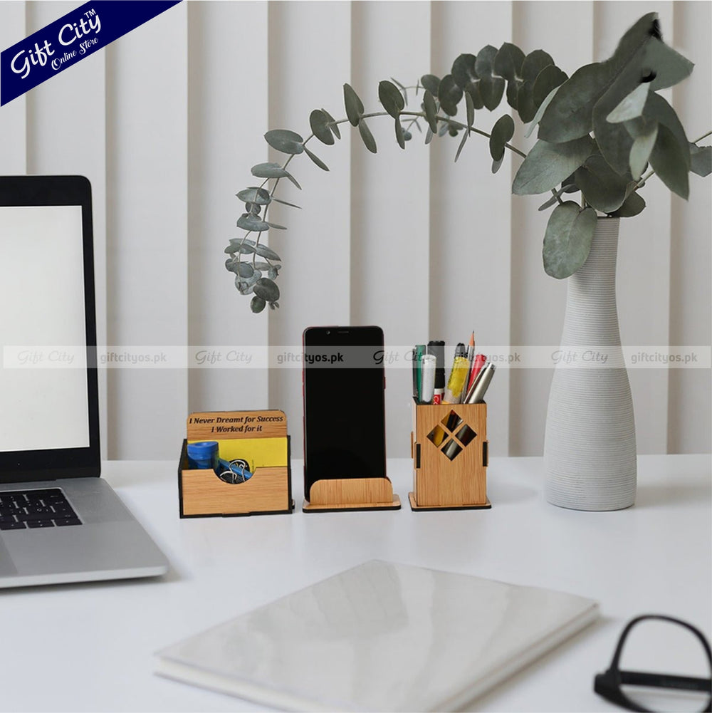 Customizable 3-in-1 MDF Wooden Desk Organizer with Mobile Stand, Card Holder & Pen Holder | Stylish Office Gift - Gift City Online Store