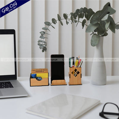 Customizable 3-in-1 MDF Wooden Desk Organizer with Mobile Stand, Card Holder & Pen Holder | Stylish Office Gift - Gift City Online Store