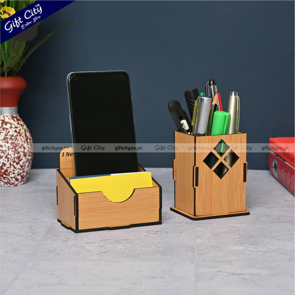 Customizable 3-in-1 MDF Wooden Desk Organizer with Mobile Stand, Card Holder & Pen Holder | Stylish Office Gift - Gift City Online Store