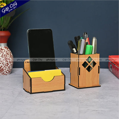 Customizable 3-in-1 MDF Wooden Desk Organizer with Mobile Stand, Card Holder & Pen Holder | Stylish Office Gift - Gift City Online Store