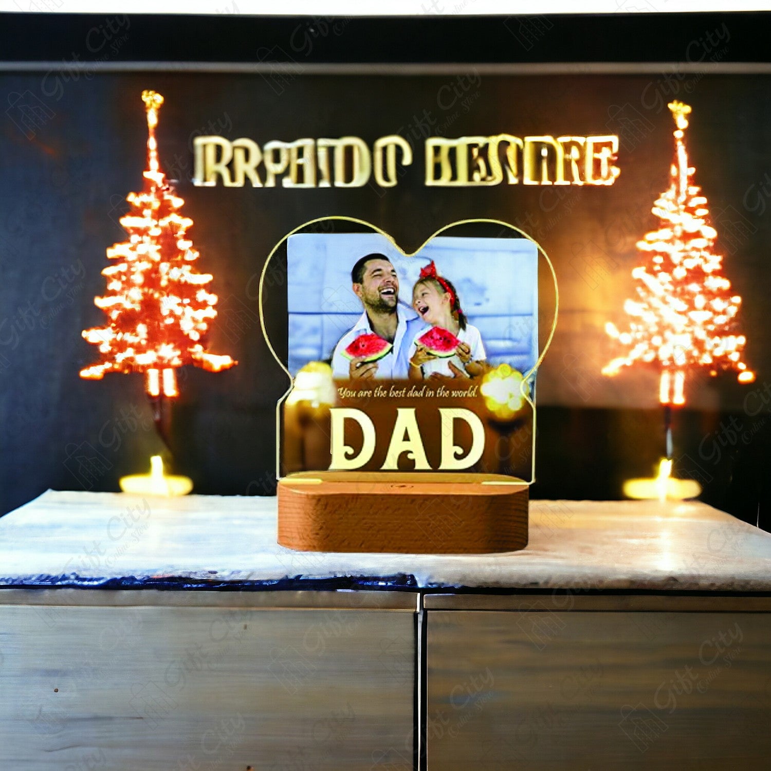 Gift City Customize 3D Picture & Text Decorative Lamp - Acrylic Plate - Wooden Base - Best Gift for Dad