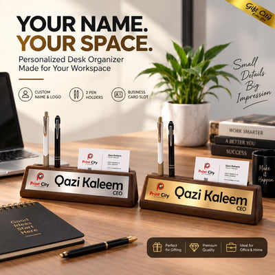 Personalized Wooden Desk Name Plate with Pen & Card Holder – Custom Office Table Name Sign | Gift City