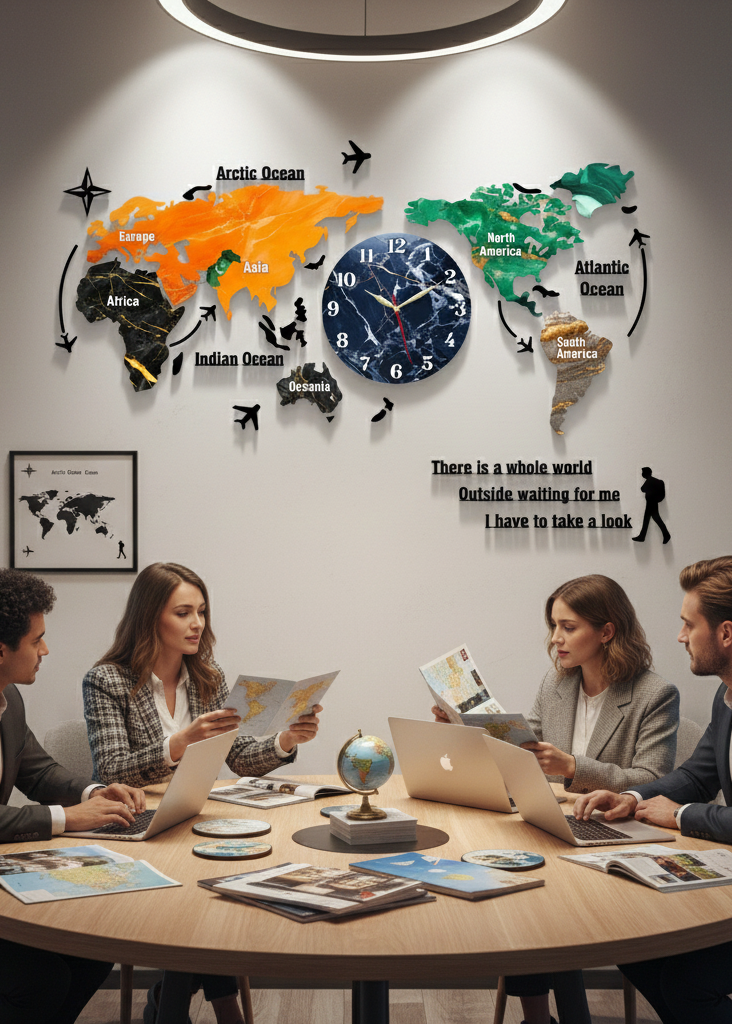 Group of people in a meeting room with a world map and clock on the wall.