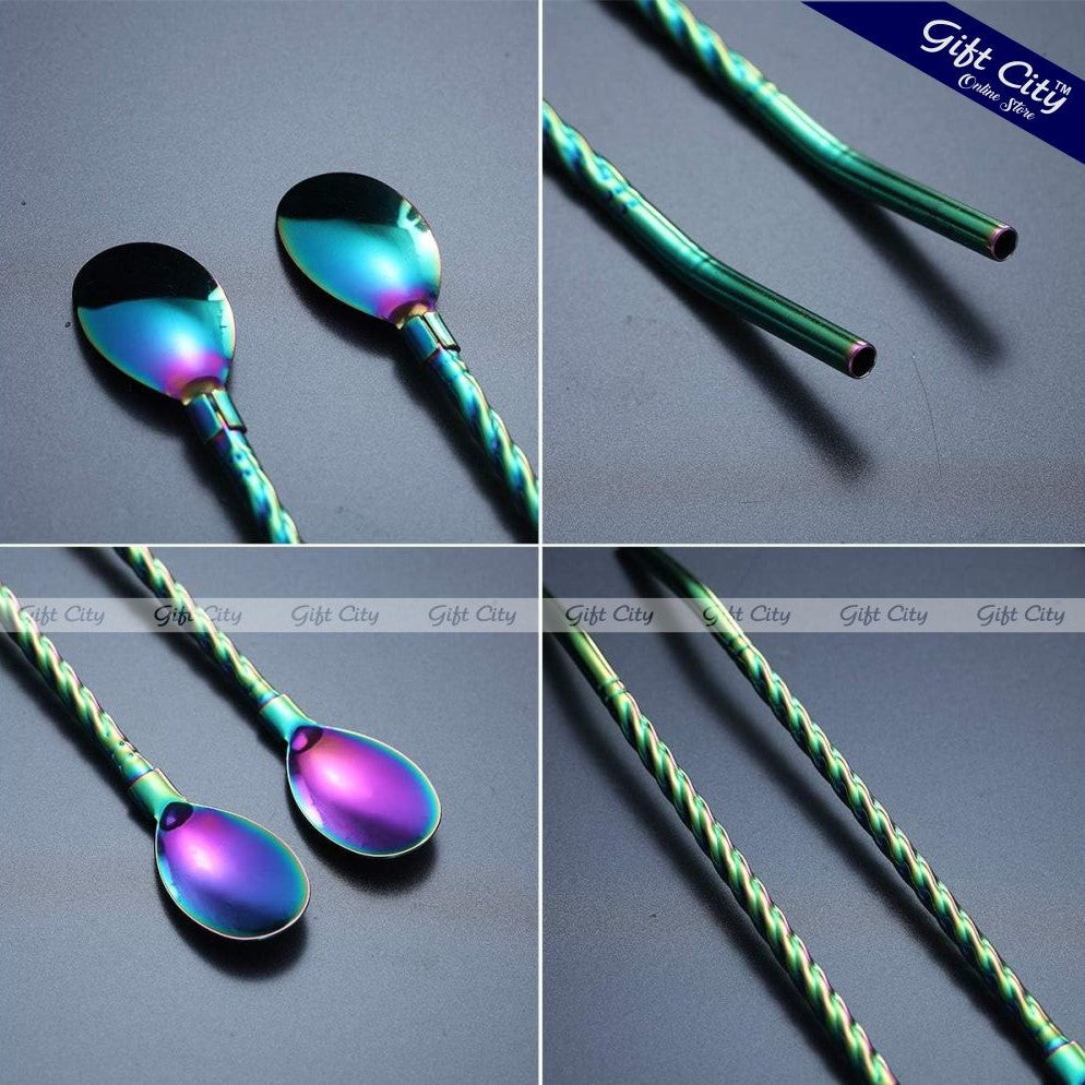 Gift City Presents 2-in-1 Stainless Steel Beverage Spoon with Reusable Straw - Long Handle Rainbow Spoon for Coffee, Iced Tea, Desserts, and Mixing