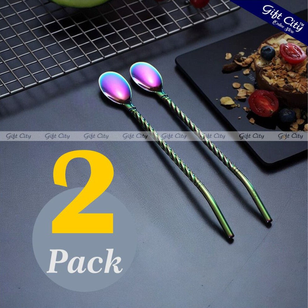 Gift City Presents 2-in-1 Stainless Steel Beverage Spoon with Reusable Straw - Long Handle Rainbow Spoon for Coffee, Iced Tea, Desserts, and Mixing