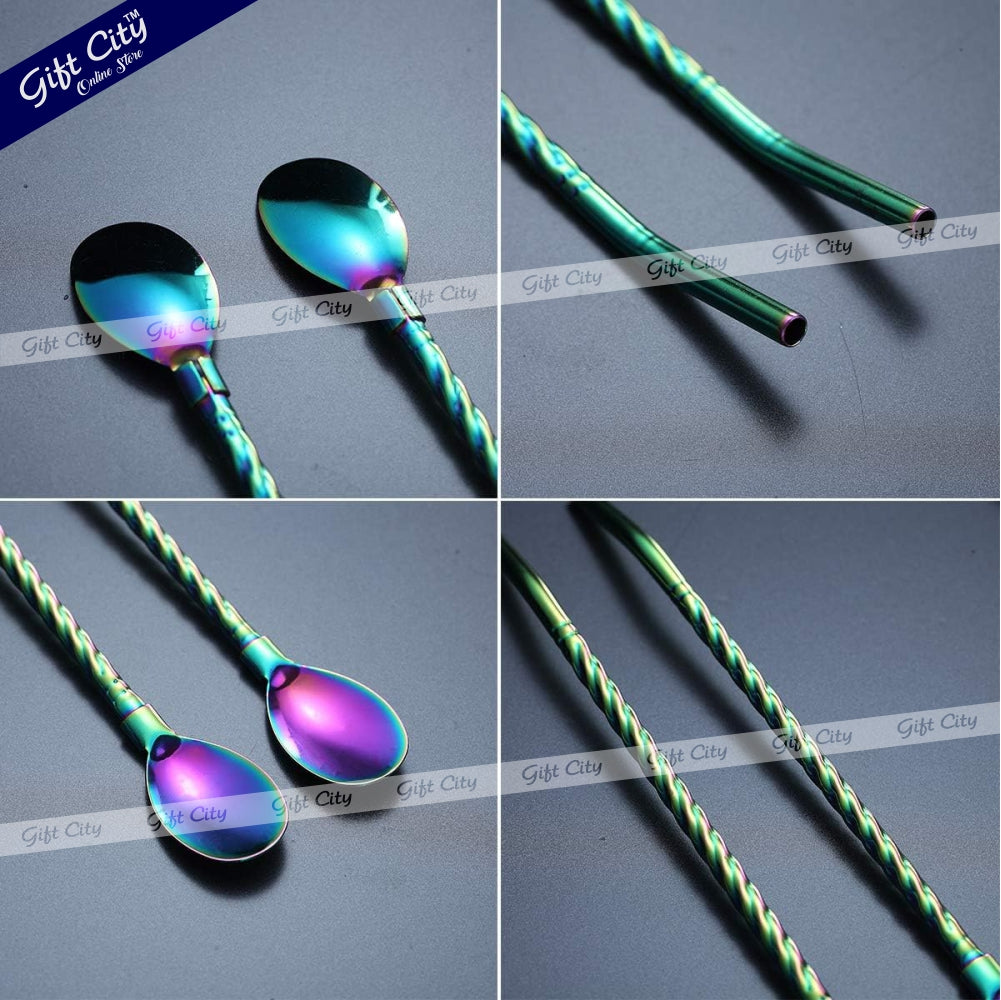 Gift City Presents 2-in-1 Stainless Steel Beverage Spoon with Reusable Straw - Long Handle Rainbow Spoon for Coffee, Iced Tea, Desserts, and Mixing