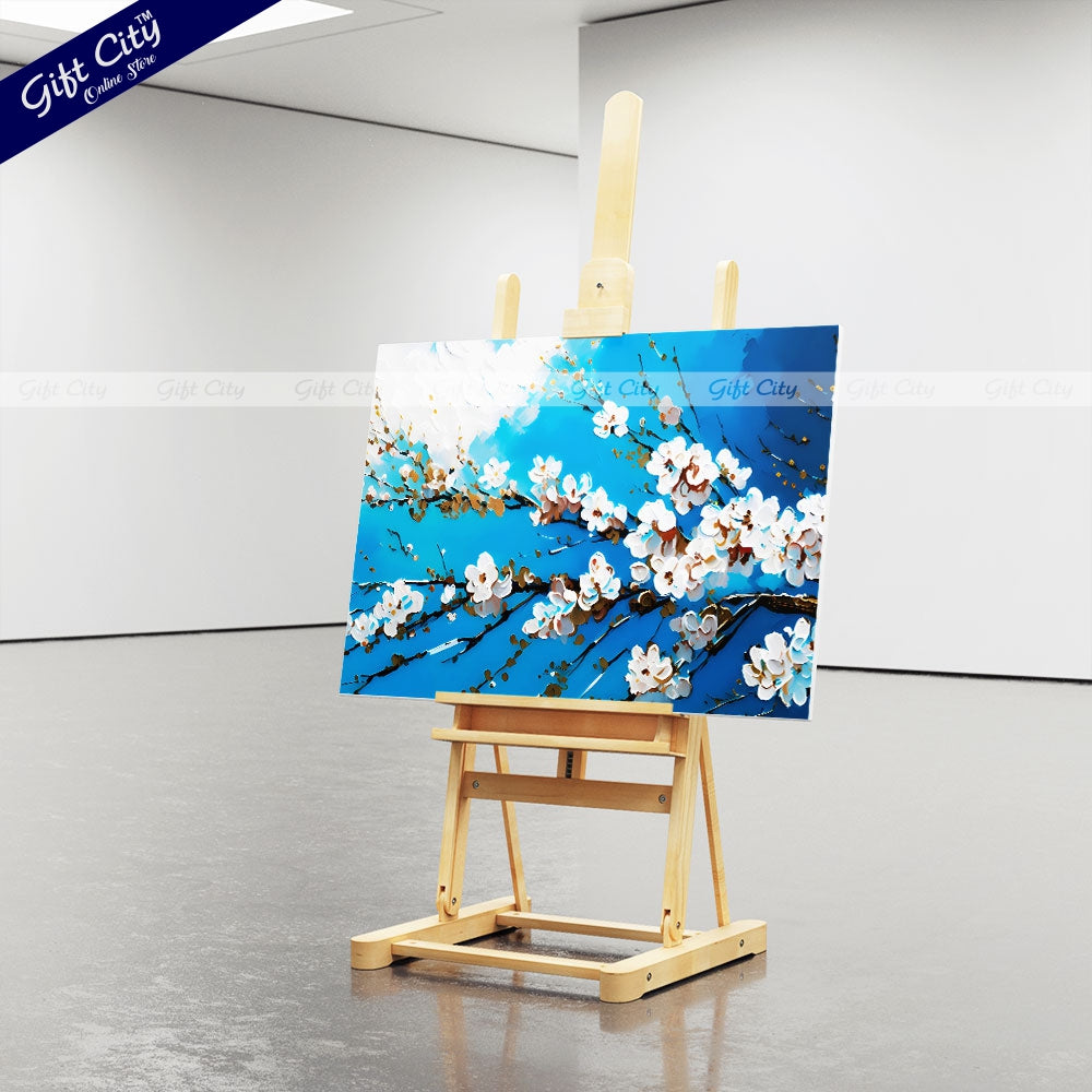 Gift City Presents An Abstract Oil Painting Canvas of White Cherry Blossoms on a Branch Against a Vibrant Blue Sky