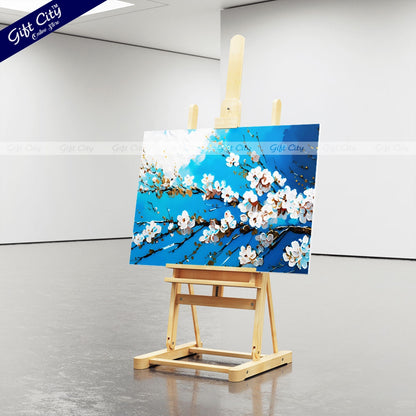 Gift City Presents An Abstract Oil Painting Canvas of White Cherry Blossoms on a Branch Against a Vibrant Blue Sky