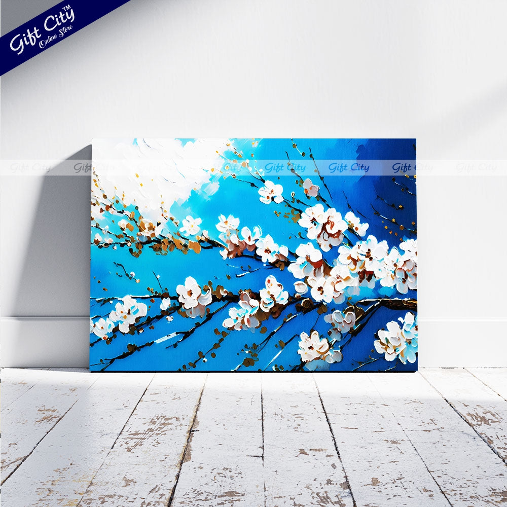 Gift City Presents An Abstract Oil Painting Canvas of White Cherry Blossoms on a Branch Against a Vibrant Blue Sky