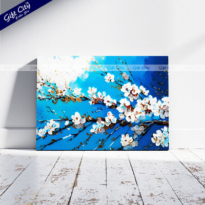 Gift City Presents An Abstract Oil Painting Canvas of White Cherry Blossoms on a Branch Against a Vibrant Blue Sky Wall Hanging - Gift City Online Store