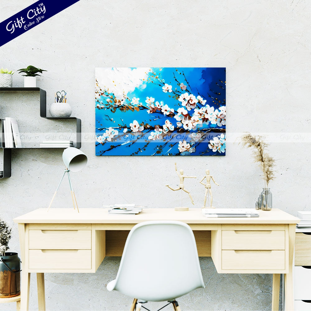 Gift City Presents An Abstract Oil Painting Canvas of White Cherry Blossoms on a Branch Against a Vibrant Blue Sky