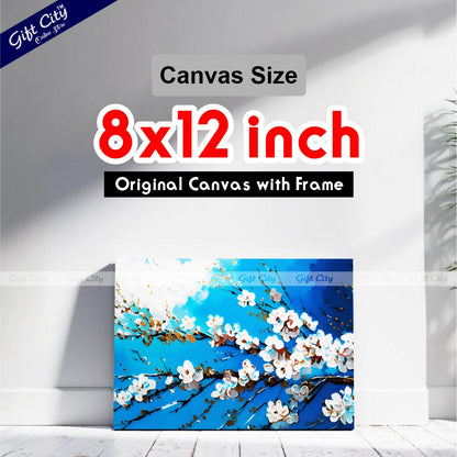 Gift City Presents An Abstract Oil Painting Canvas of White Cherry Blossoms on a Branch Against a Vibrant Blue Sky