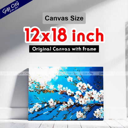 Gift City Presents An Abstract Oil Painting Canvas of White Cherry Blossoms on a Branch Against a Vibrant Blue Sky