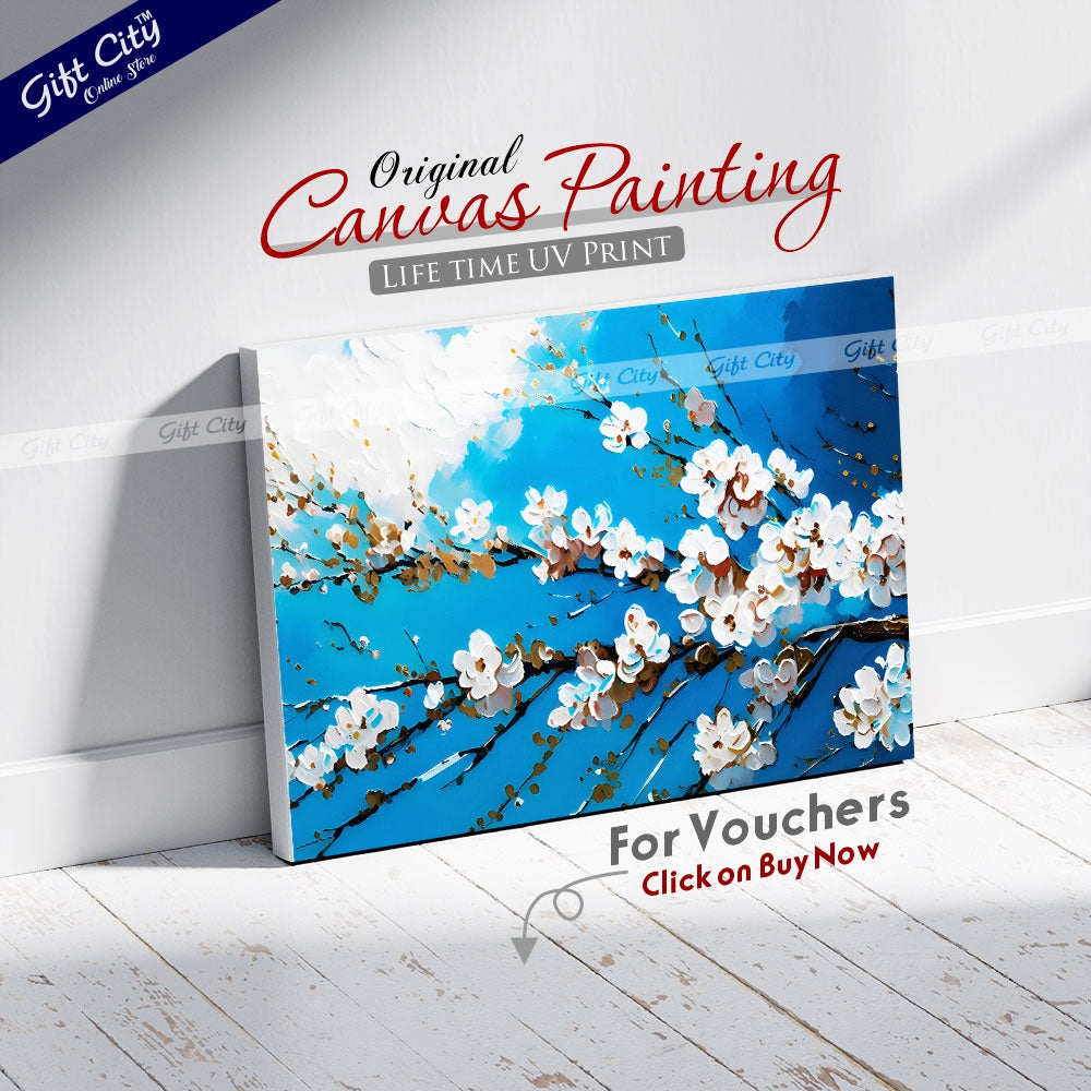 Gift City Presents An Abstract Oil Painting Canvas of White Cherry Blossoms on a Branch Against a Vibrant Blue Sky