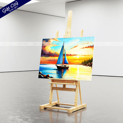 Gift City Presents A sailing yacht floats on the sea against a sunset on a UV printed oil painting canvas, capturing the serenity of a sunny and quiet day