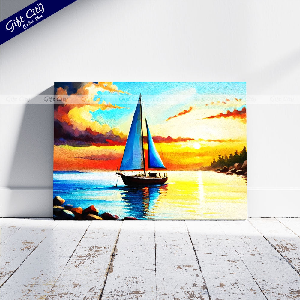 Gift City Presents A sailing yacht floats on the sea against a sunset on a UV printed oil painting canvas, capturing the serenity of a sunny and quiet day