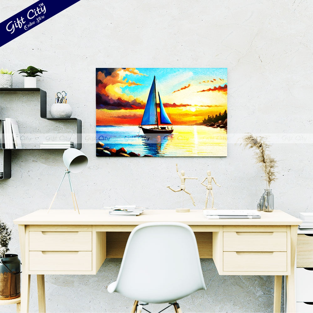 Gift City Presents A sailing yacht floats on the sea against a sunset on a UV printed oil painting canvas, capturing the serenity of a sunny and quiet day