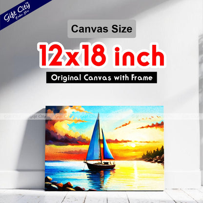 Gift City Presents A sailing yacht floats on the sea against a sunset on a UV printed oil painting canvas, capturing the serenity of a sunny and quiet day