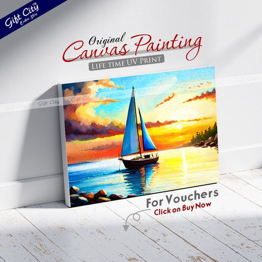 Gift City Presents A sailing yacht floats on the sea against a sunset on a UV printed oil painting canvas, capturing the serenity of a sunny and quiet day