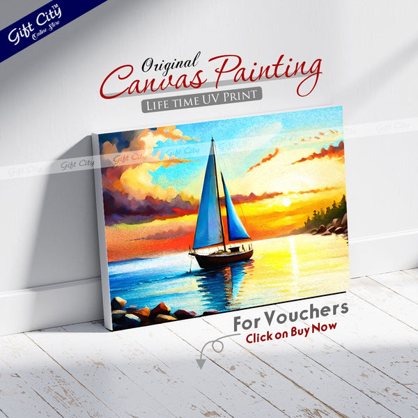 Gift City Presents A sailing yacht floats on the sea against a sunset on a UV printed oil painting canvas, capturing the serenity of a sunny and quiet day Wall Hanging - Gift City Online Store