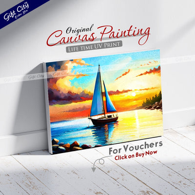 Gift City Presents A sailing yacht floats on the sea against a sunset on a UV printed oil painting canvas, capturing the serenity of a sunny and quiet day Wall Hanging - Gift City Online Store
