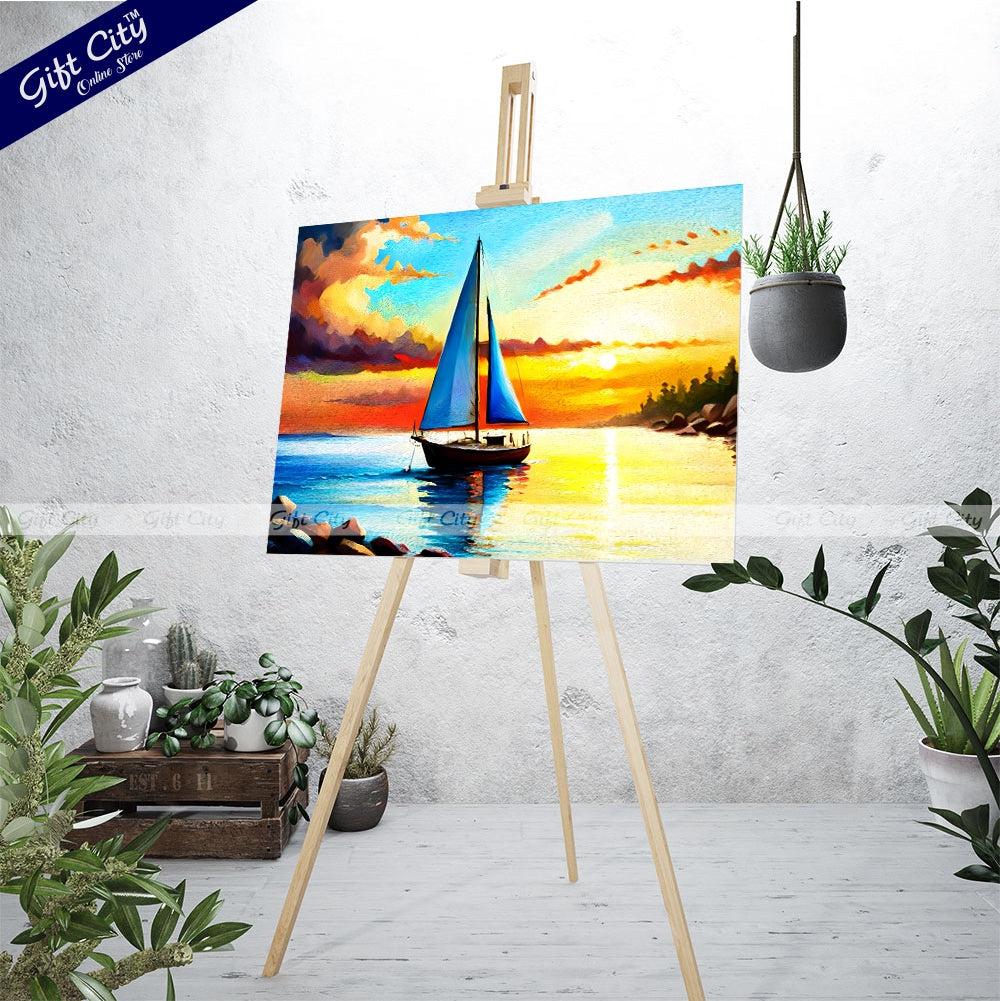 Gift City Presents A sailing yacht floats on the sea against a sunset on a UV printed oil painting canvas, capturing the serenity of a sunny and quiet day