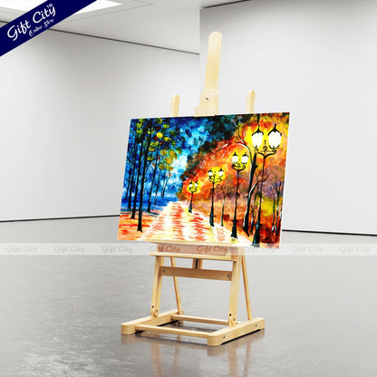 Gift City Presents Autumn Night City Alley | Original Expressionist Painting of a Blue-Orange Evening Park Cityscape, Impressionist Fine Art for Home Decor