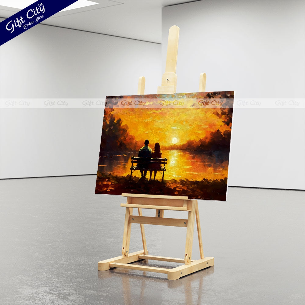 Gift City Presents Canvas of a loving Couple | a young man and beautiful girl are sitting on bench and enjoying beautiful view of yellow sunset | Multiple Sizes