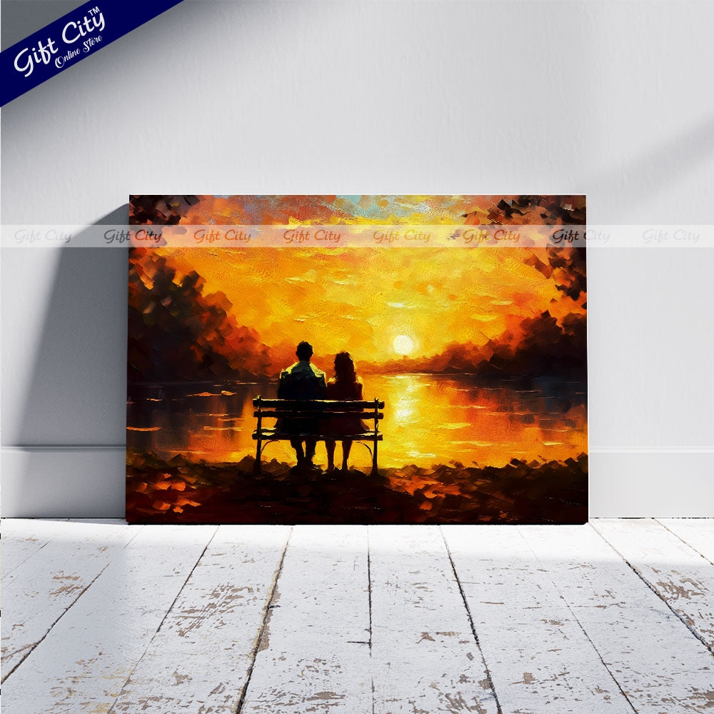 Gift City Presents Canvas of a loving Couple | a young man and beautiful girl are sitting on bench and enjoying beautiful view of yellow sunset | Multiple Sizes