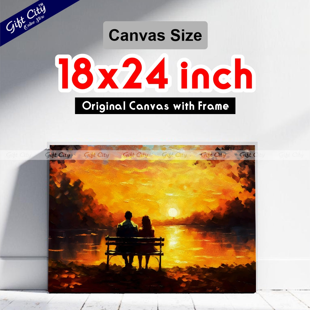 Gift City Presents Canvas of a loving Couple | a young man and beautiful girl are sitting on bench and enjoying beautiful view of yellow sunset | Multiple Sizes