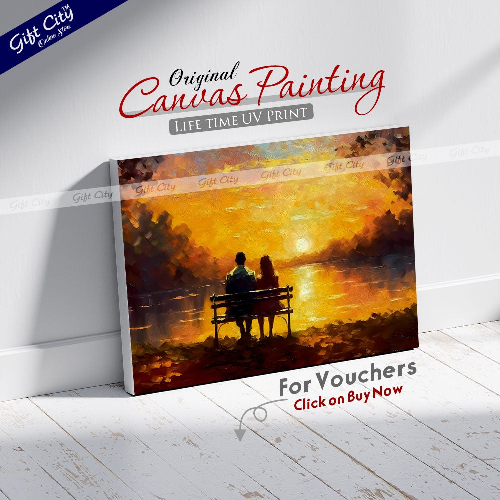 Gift City Presents Canvas of a loving Couple | a young man and beautiful girl are sitting on bench and enjoying beautiful view of yellow sunset | Multiple Sizes