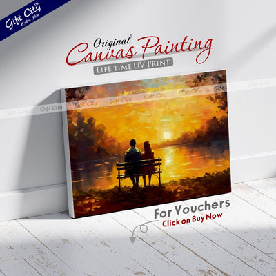 Gift City Presents Canvas of a loving Couple | a young man and beautiful girl are sitting on bench and enjoying beautiful view of yellow sunset | Multiple Sizes Wall Hanging - Gift City Online Store