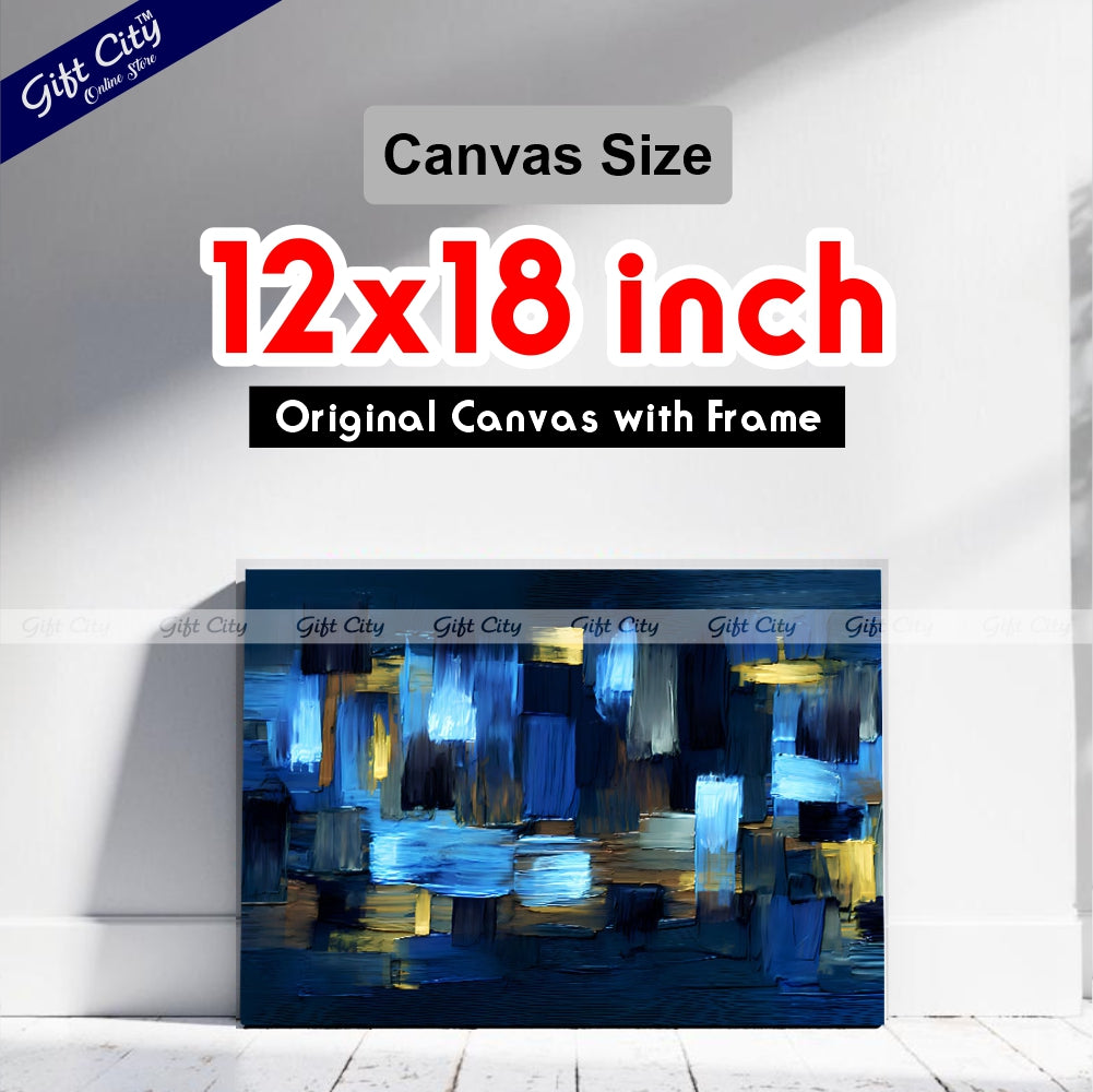 Gift City Presents Modern UV-Printed Canvas with rough Brushstrokes, featuring an abstract grungy design in dark blue and yellow accents, perfect for home décor