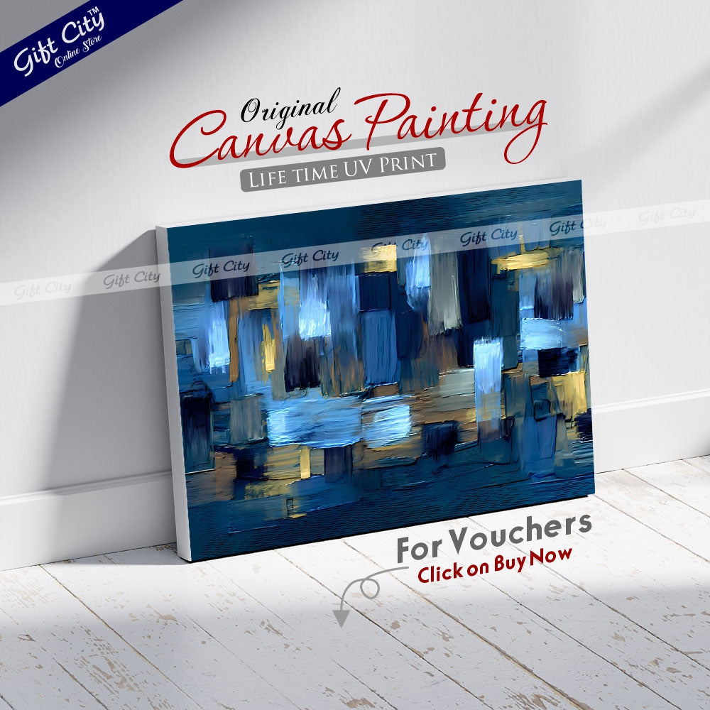 Gift City Presents Modern UV-Printed Canvas with rough Brushstrokes, featuring an abstract grungy design in dark blue and yellow accents, perfect for home décor