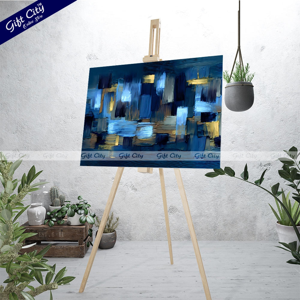 Gift City Presents Modern UV-Printed Canvas with rough Brushstrokes, featuring an abstract grungy design in dark blue and yellow accents, perfect for home décor