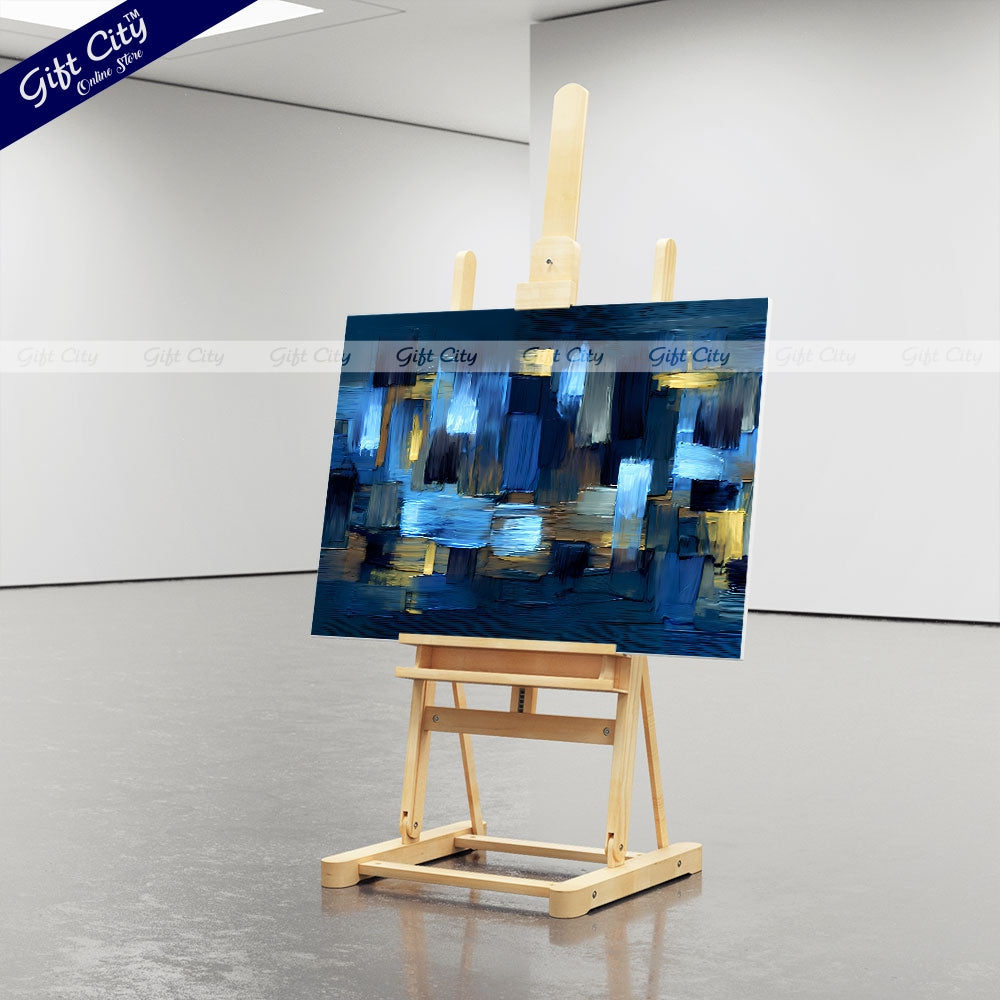 Gift City Presents Modern UV-Printed Canvas with rough Brushstrokes, featuring an abstract grungy design in dark blue and yellow accents, perfect for home décor