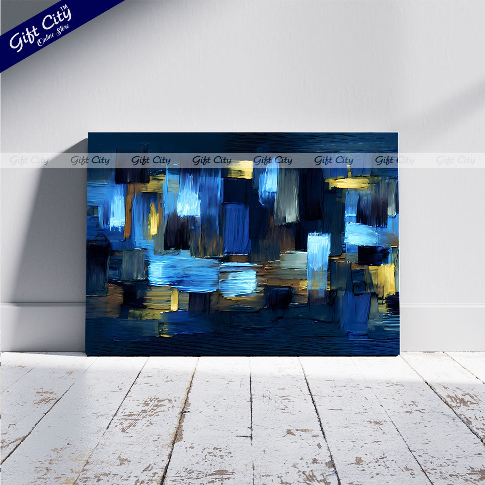 Gift City Presents Modern UV-Printed Canvas with rough Brushstrokes, featuring an abstract grungy design in dark blue and yellow accents, perfect for home décor