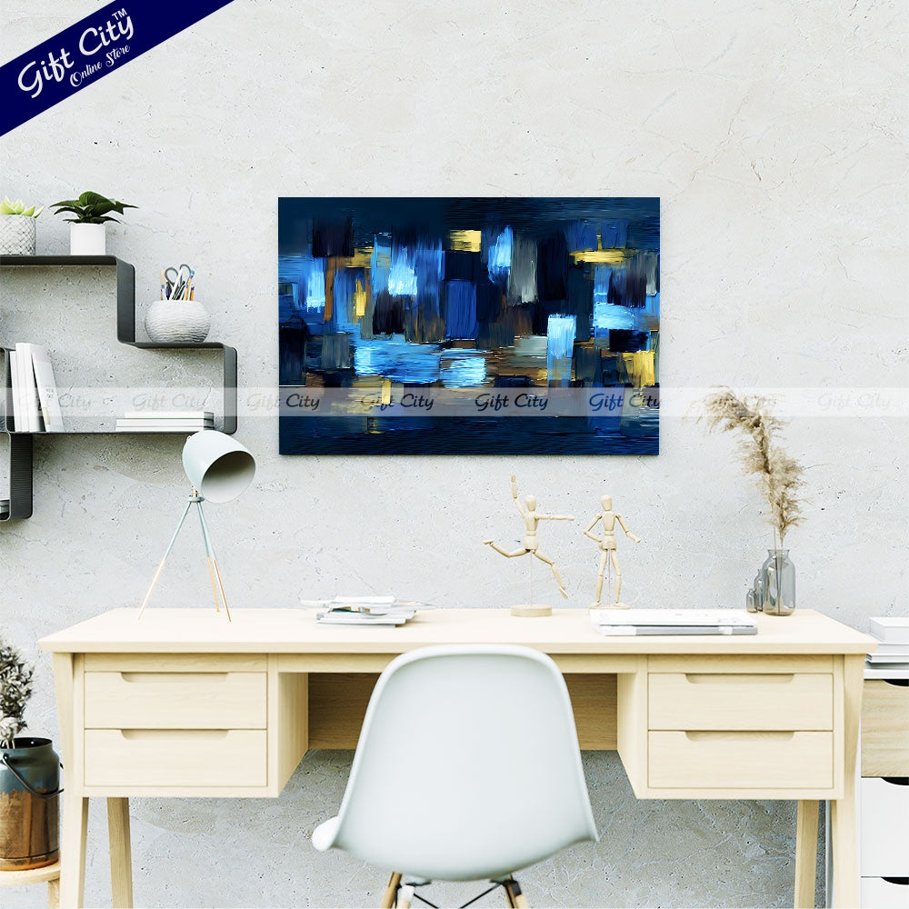 Gift City Presents Modern UV-Printed Canvas with rough Brushstrokes, featuring an abstract grungy design in dark blue and yellow accents, perfect for home décor