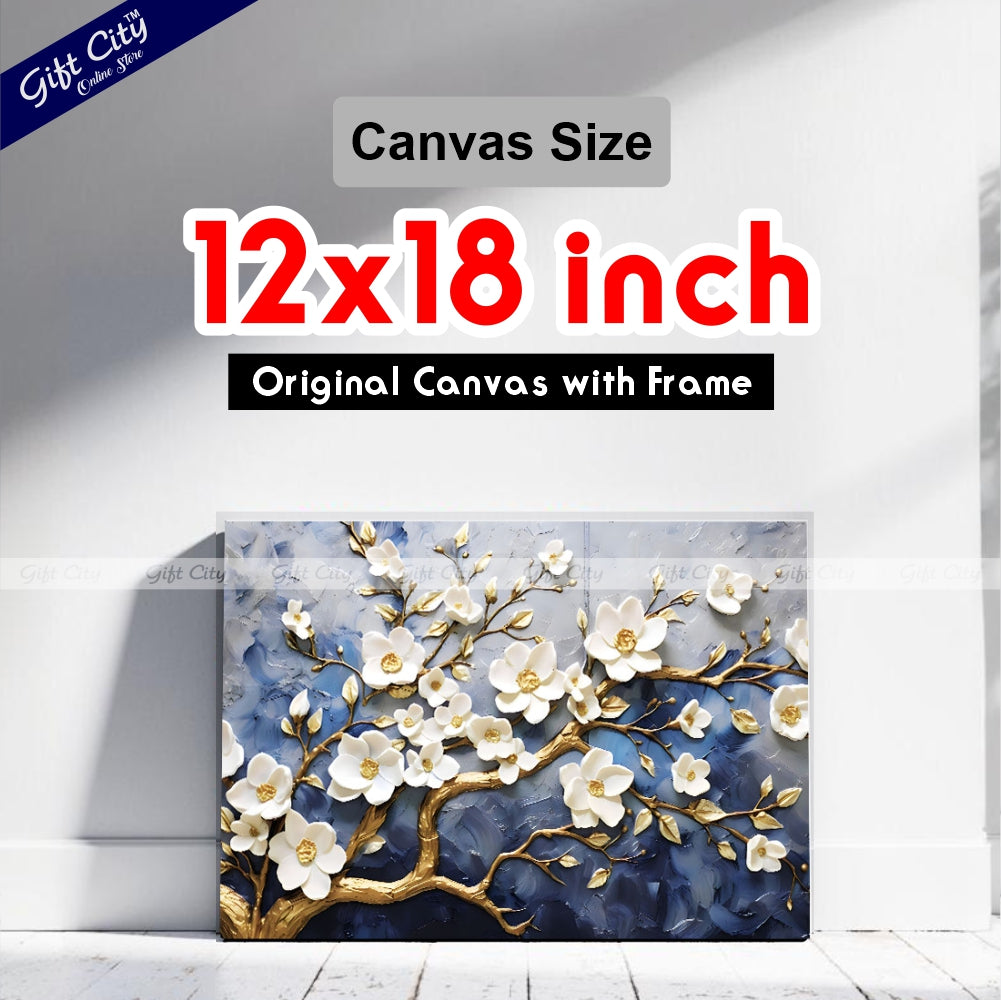 Gift City Presents Modern oil and gold brush art, White flower branches on UV Printed Canvas, perfect for wall decor and housewarming gifts Wall Hanging - Gift City Online Store