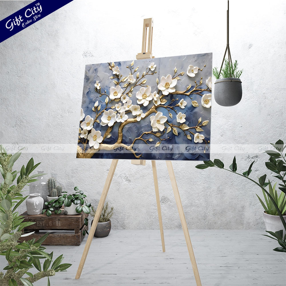 Gift City Presents Modern oil and gold brush art, White flower branches on UV Printed Canvas, perfect for wall decor and housewarming gifts