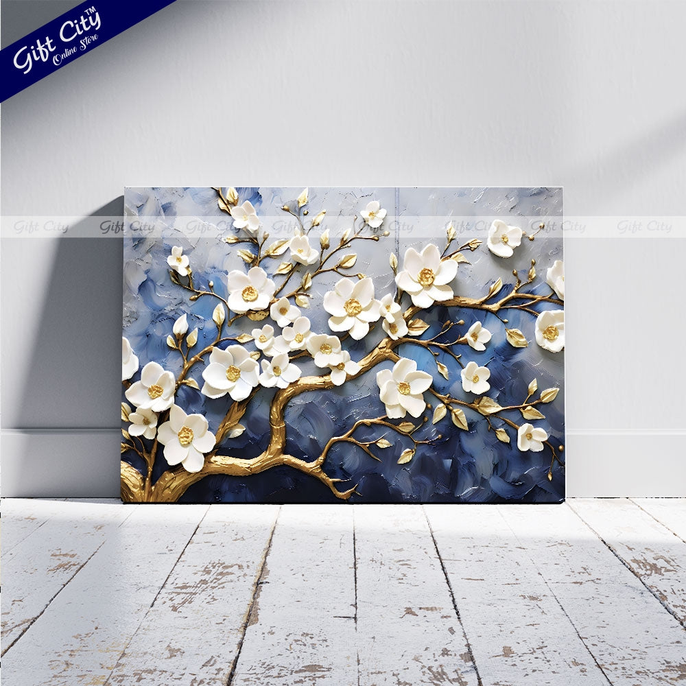 Gift City Presents Modern oil and gold brush art, White flower branches on UV Printed Canvas, perfect for wall decor and housewarming gifts