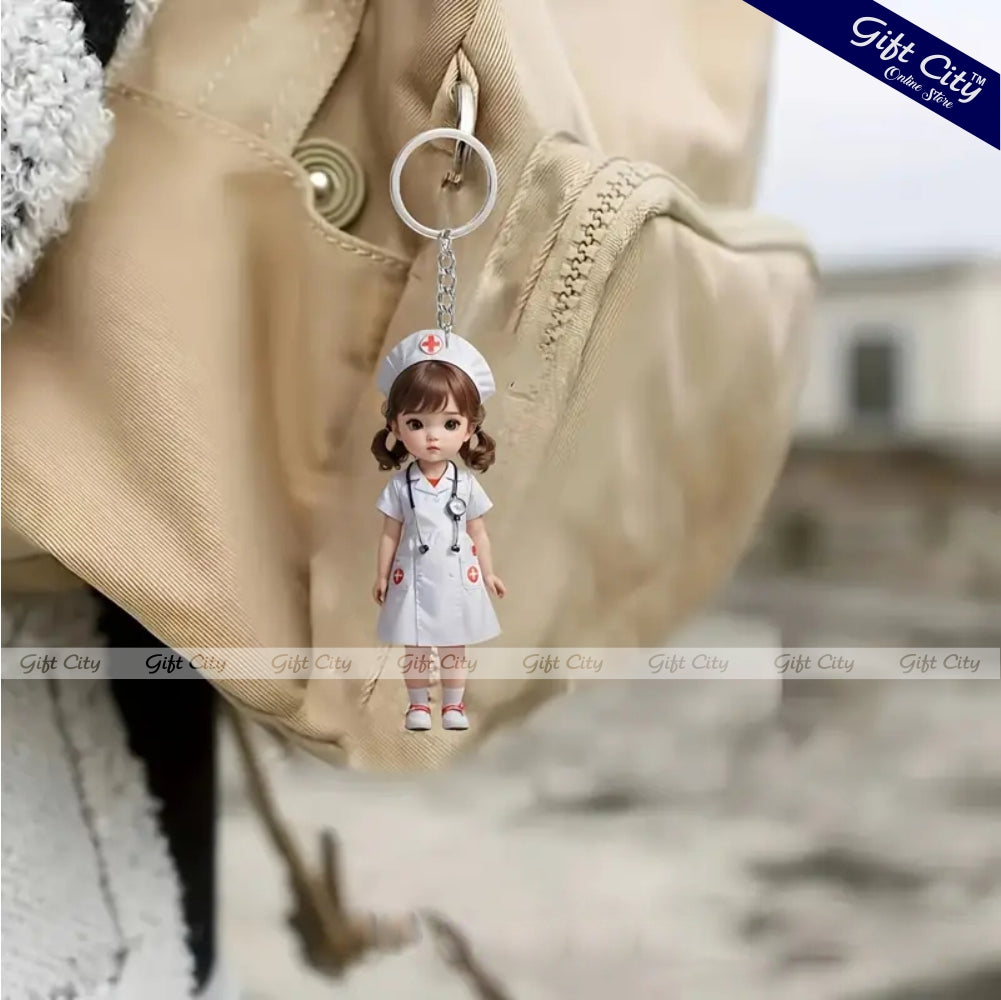 Gift City Presents Nurse-Themed Acrylic Keychain | Cute 2D Flat Surface Design