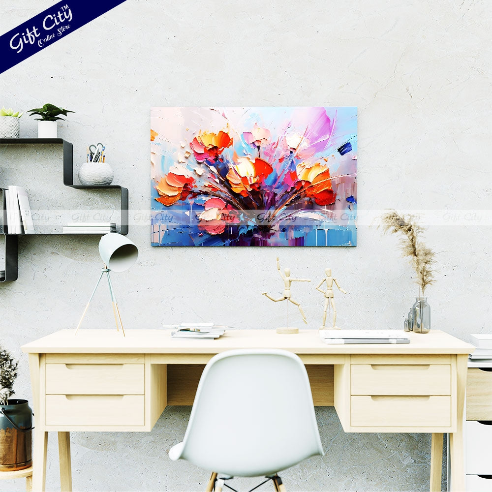 Gift City Presents Oil Painting Canvas - Modern Abstract Art - Vintage Floral Design with Golden Brushstrokes - Wooden Frame Wall Hanging