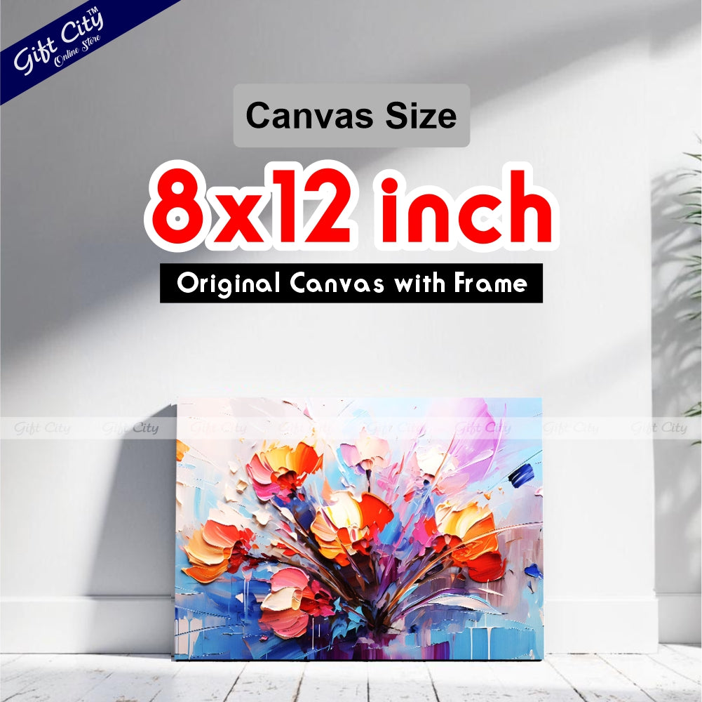 Gift City Presents Oil Painting Canvas - Modern Abstract Art - Vintage Floral Design with Golden Brushstrokes - Wooden Frame Wall Hanging