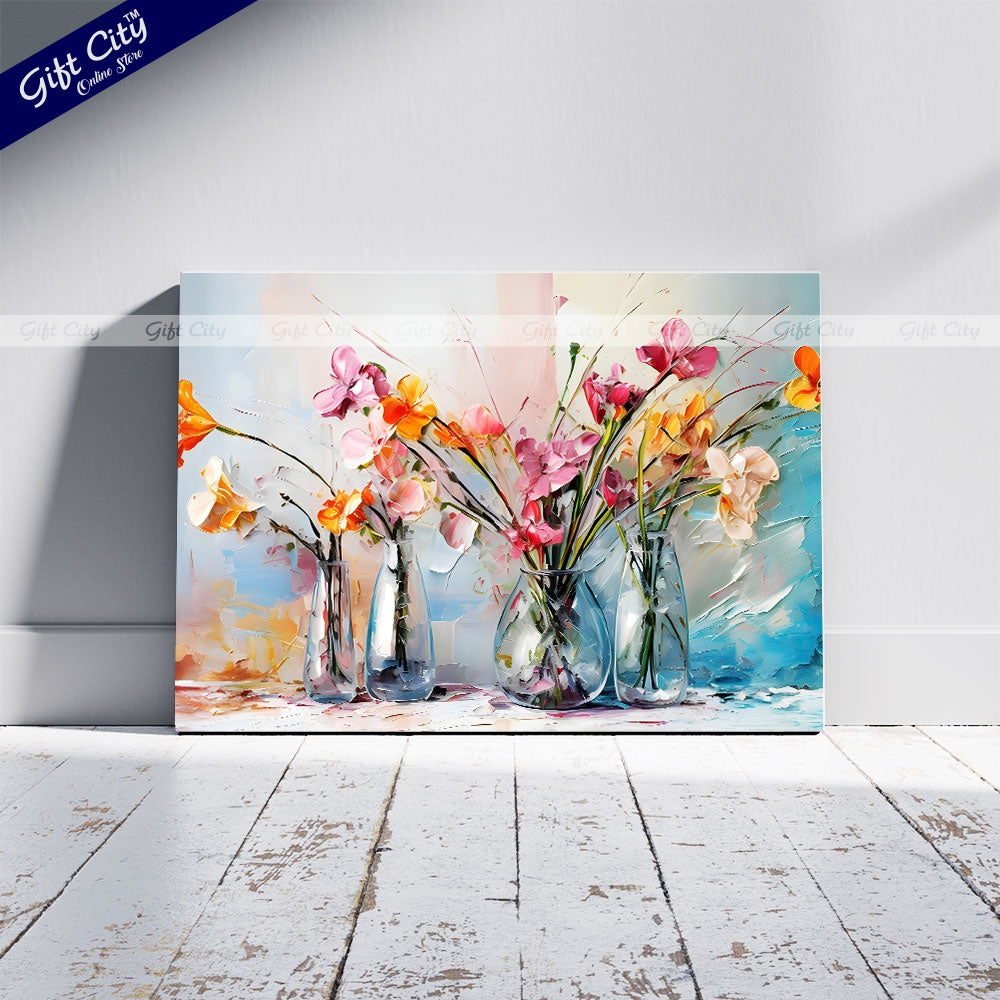 Gift City Presents Orange Flowers in Vase, 3D Heavy Textured Partial Oil Painting on Canvas with Colorful Splashes on White Floral Background