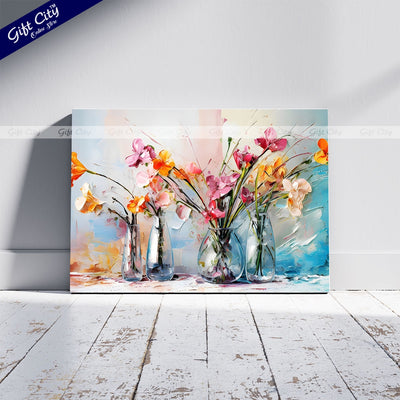 Gift City Presents Orange Flowers in Vase, 3D Heavy Textured Partial Oil Painting on Canvas with Colorful Splashes on White Floral Background Wall Hanging - Gift City Online Store