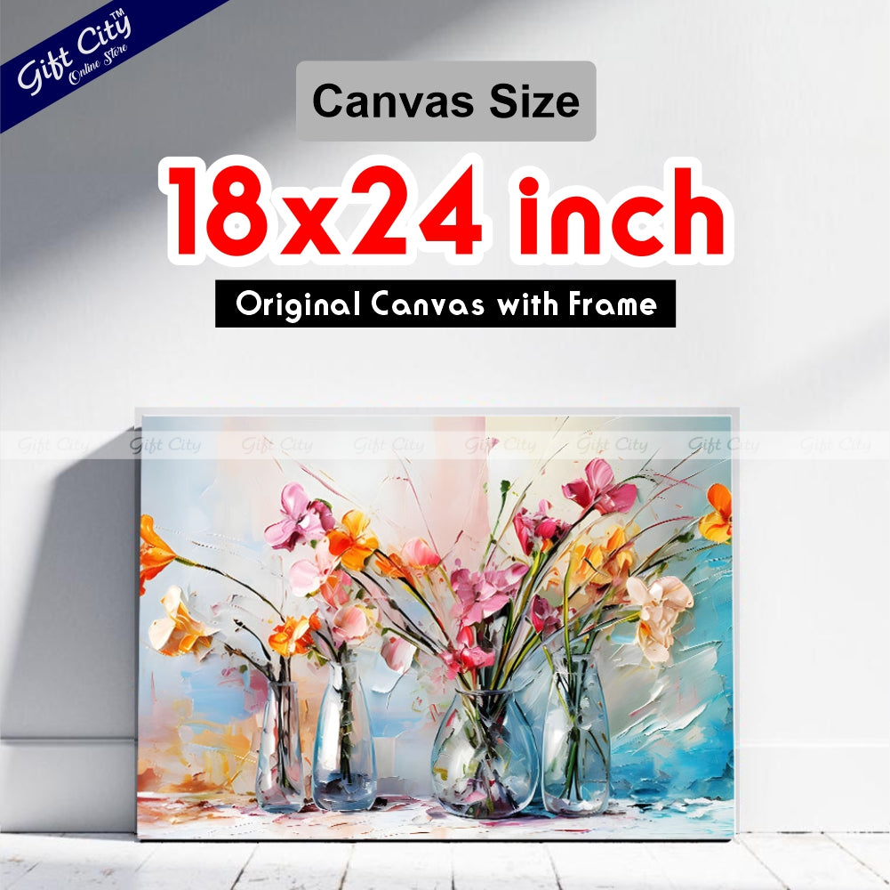 Gift City Presents Orange Flowers in Vase, 3D Heavy Textured Partial Oil Painting on Canvas with Colorful Splashes on White Floral Background