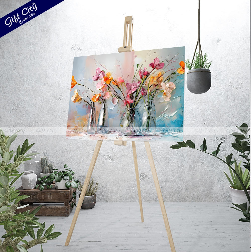 Gift City Presents Orange Flowers in Vase, 3D Heavy Textured Partial Oil Painting on Canvas with Colorful Splashes on White Floral Background