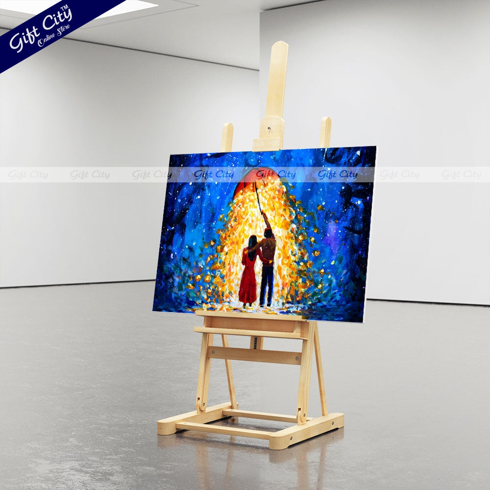 Gift City Presents Romantic Fantasy Art A Couple in Love Walks Under a Glowing Umbrella During a Starry Winter Night – UV Printed Oil Painting Canvas