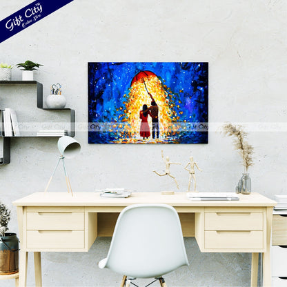 Gift City Presents Romantic Fantasy Art A Couple in Love Walks Under a Glowing Umbrella During a Starry Winter Night – UV Printed Oil Painting Canvas